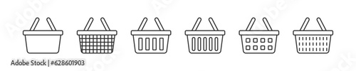Shop basket icon. Supermarket cart for food signs. Market bag symbol. Online button to buy symbols. Purchase icons. Black color. Vector isolated sign.