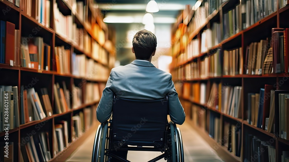 Portrait back view of disabled student in wheelchair choosing books while studying in college library. Portrait back view of disabled student in wheelchair choosing books while studying in college library.