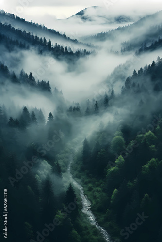 Fog over the mountains with forest