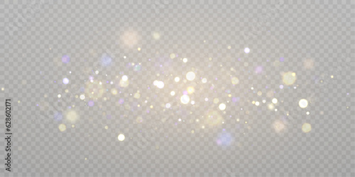 Gold dust light bokeh. Christmas glowing bokeh and glitter overlay texture for your design on a transparent background. Golden particles abstract vector background. photo