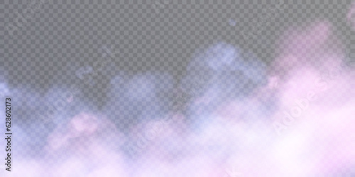 Realistic colorful smoke clouds, fog effect. Fog isolated on transparent background. Vapor in the air, vaporization. Vector