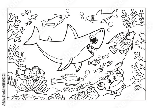 Sharks, fish and crabs under the water. Many plants grow on the bottom. Black and white vector illustration for coloring book.