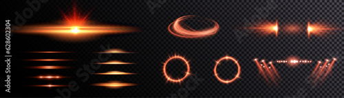 Set of red light effects, laser lines, spotlights, flares, stars. EPS 10 vector illustration.
