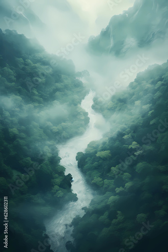 Misty woods with river