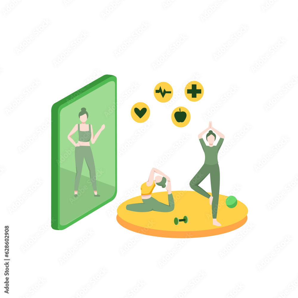 Vector illustration. Isometric online fitness and training on smartphone. Distant training with personal trainer. two young fit woman in sportswear watching online video with fitness exercises. Vector illustration. Isometric online fitness and training on smartphone. Distant training with personal trainer. two young fit woman in sportswear watching online video with fitness exercises.