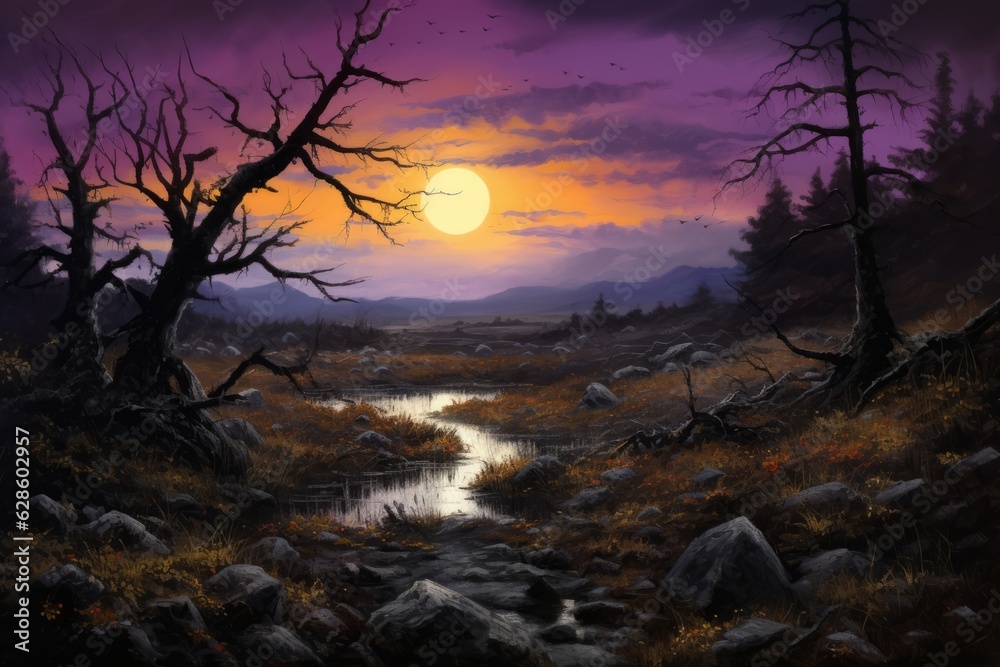 a painting of a river in the middle of a forest at night a painting of a river in the middle of a forest at night