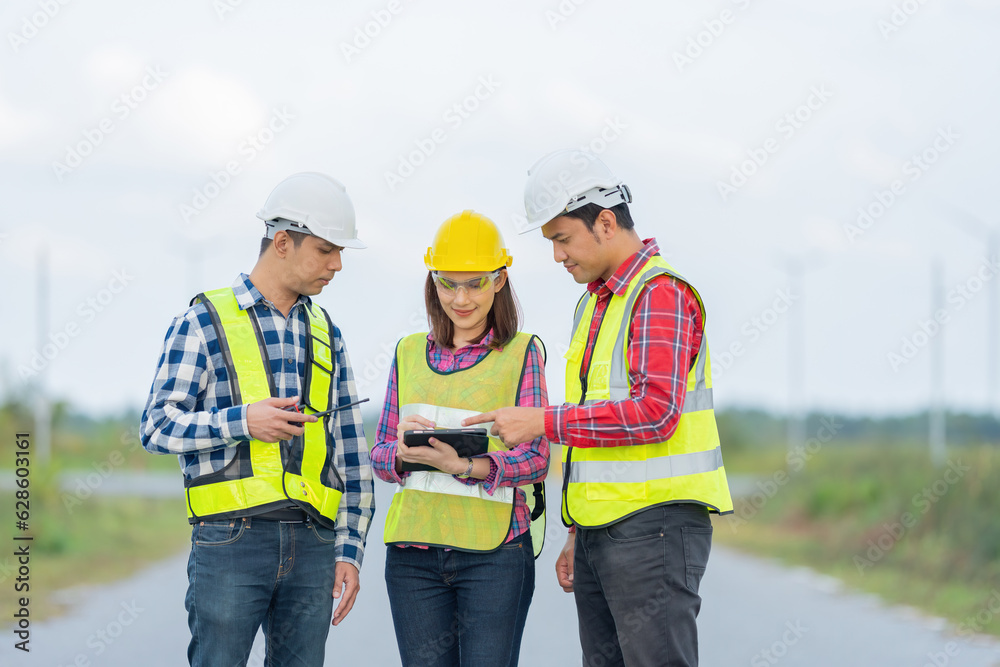 Group photo of a team of 3 Asian male and female engineers with a technician manager wearing a vest, walkie-talkie and helmet, having a meeting and looking at a tablet about future industrial work. Group photo of a team of 3 Asian male and female engineers with a technician manager wearing a vest, walkie-talkie and helmet, having a meeting and looking at a tablet about future industrial work.