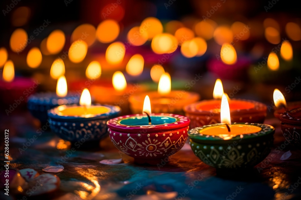 Colorful diya lamps lit during diwali celebration. Colorful diya lamps lit during diwali celebration.