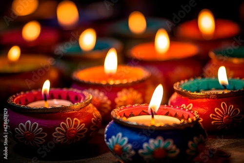 Colorful diya lamps lit during diwali celebration.