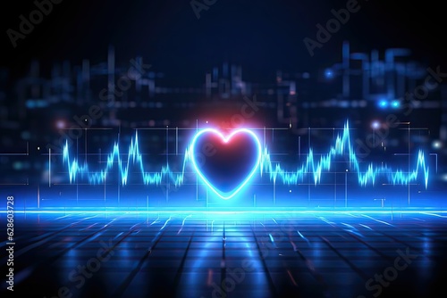 Emergency ekg monitoring. Blue glowing neon heart pulse. Heart beat.