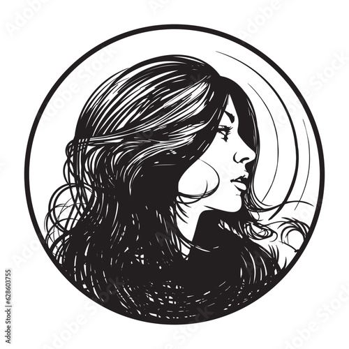 Vector portrait of a fashionable young beautiful girl with tousled hair. Black and white female portrait in a circle