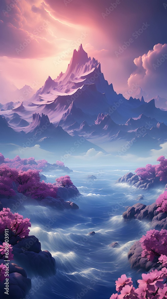 Atmospheric pink magical dreamy nature with mountains and clouds hd phone wallpaper ai generated