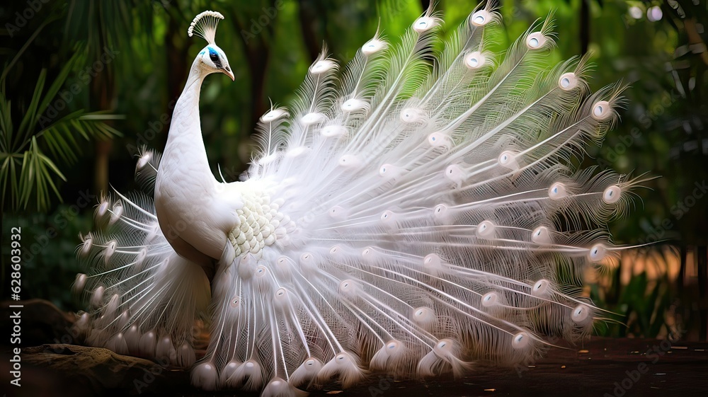 Exquisite white peacock with delicate plumage. Graceful elegance and majestic beauty.