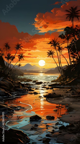 Atmospheric orange sky sunset on a island hd phone wallpaper ai generated © Vectonessa
