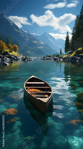 Turquoise blue transparent river scenery with a boat hd phone wallpaper ai generated