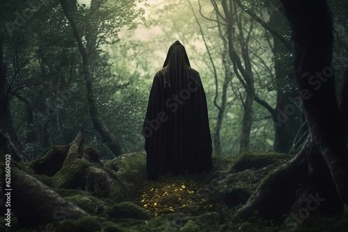 a person in a black cloak standing in the woods