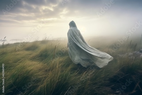 a person in a cloak is walking through a grassy field