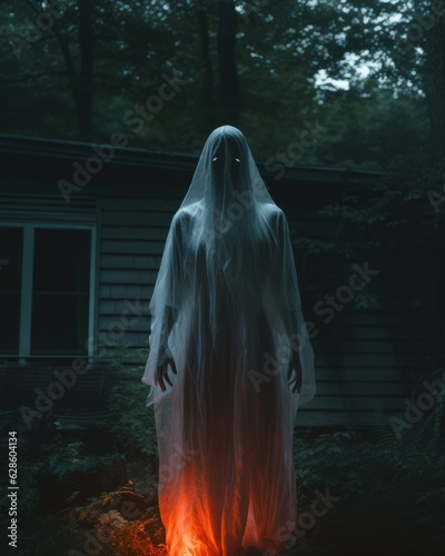 a person in a ghost costume standing in front of a house
