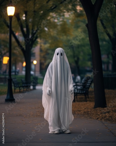 a person in a ghost costume standing in the middle of a park