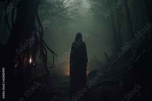 a person in a hood standing in a dark forest