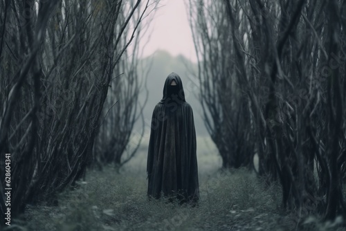 a person in a hooded robe standing in the middle of a forest