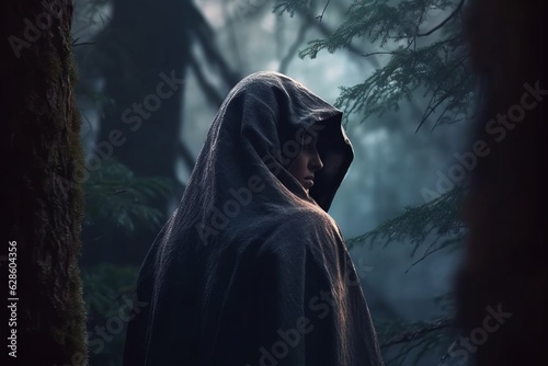 a person in a hooded robe standing in the woods