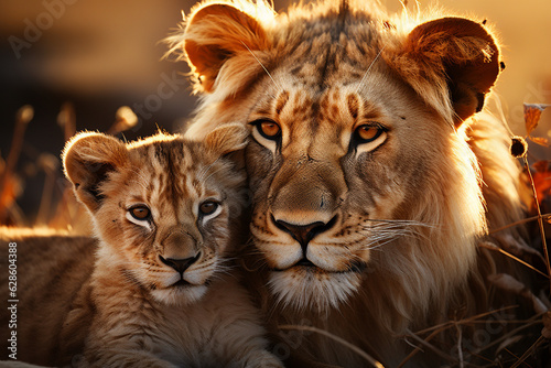 Affectionate lion nuzzling lionesses, Kenya's pride Generative AI