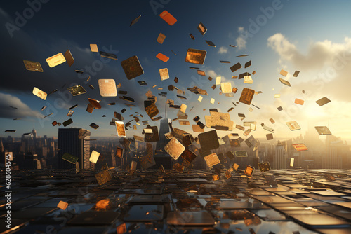 Credit Card Cityscape, HD photo of credit cards floating in the sky, connecting with a city below Generative AI