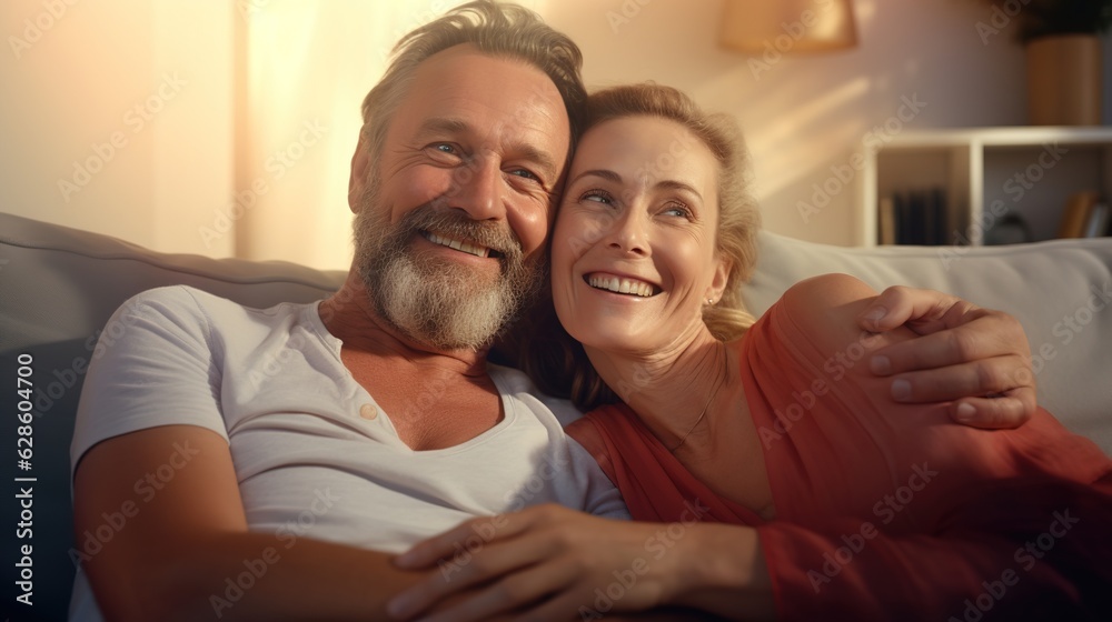 A Romantic happy middle aged Couple relaxing on sofa at home, Happy Family embracing, Smiling mature married couple Relaxing in cozy living room enjoying weekend time together. Love affection A Romantic happy middle aged Couple relaxing on sofa at home, Happy Family embracing, Smiling mature married couple Relaxing in cozy living room enjoying weekend time together. Love affection