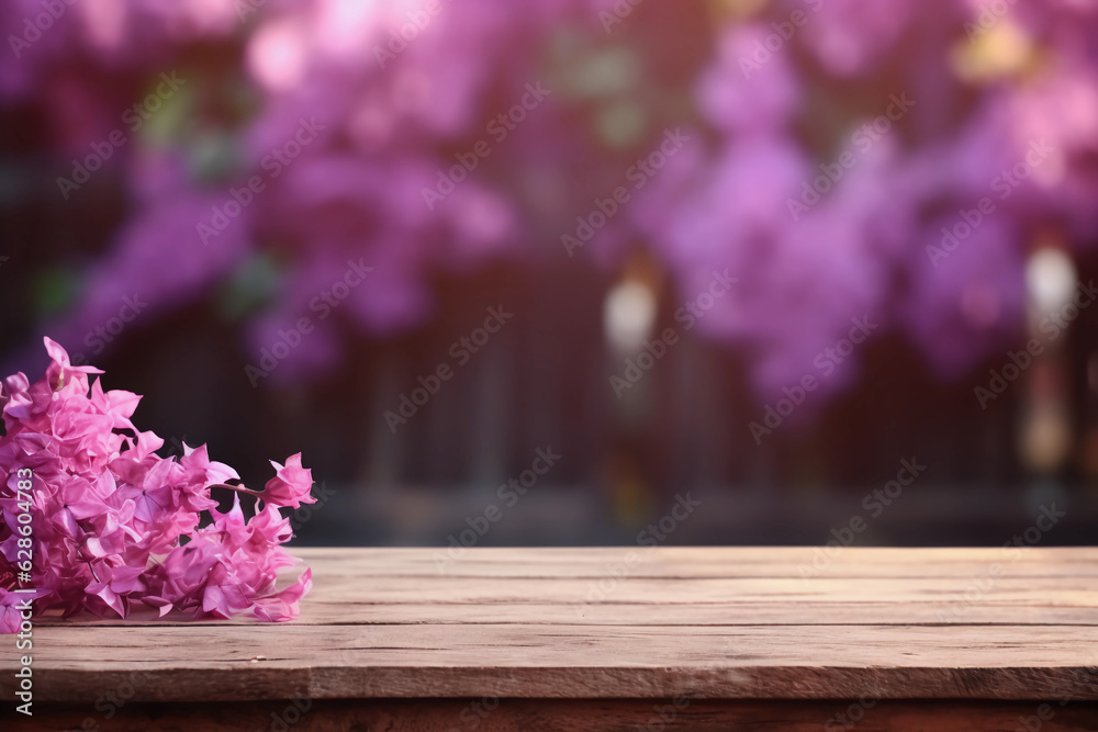Empty wooden table top with blur pink tropical flowers in background