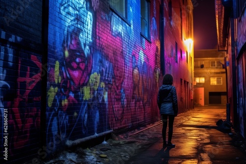 a person standing in an alley at night with graffiti on the wall