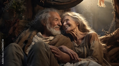 An Romantic senior Couple embracing smiling in rural barn in their residential area embracing, Loving adults, having fun chatting, pointing distance, Happy retirement Life. Generated with AI