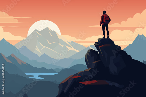 The man on the top of the mountain looks at the beautiful landscape of the mountains. The concept of mountain tourism and travel. vector illustration. photo