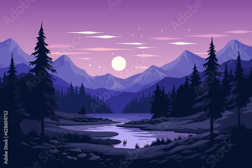 Beautiful night landscape of mountains, lakes and forests. Moon over mountain lake, amazing mountains and forest. © LoveSan