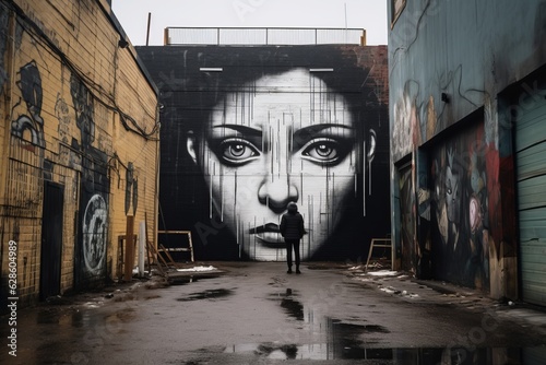 a person standing in front of a large mural of a womans face