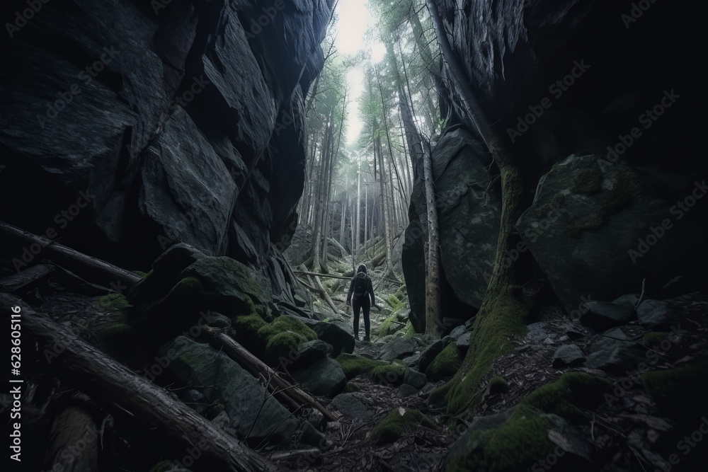a person standing in the middle of a dark cave
