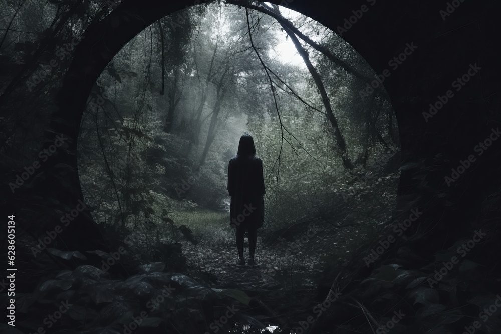a person standing in the middle of a dark forest