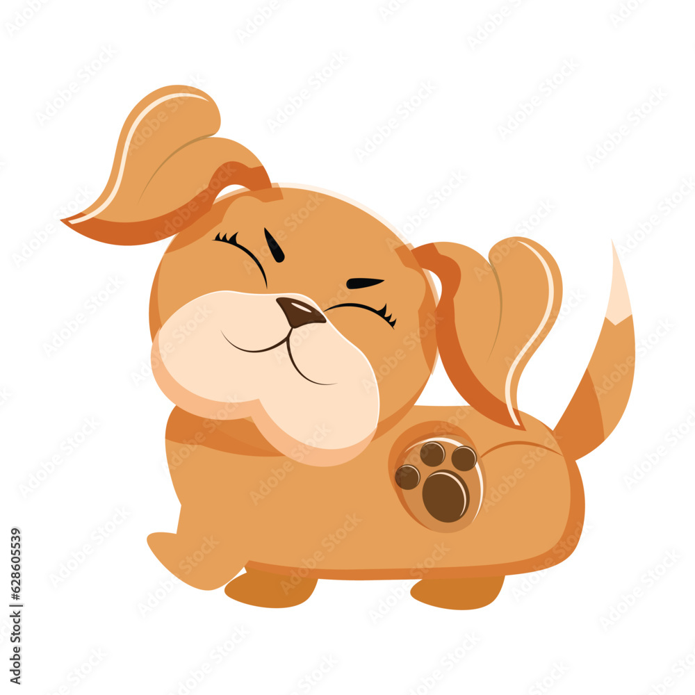 Fototapeta premium Happy cartoon puppy sitting, Portrait of cute little dog wearing collar. Dog friend. Vector illustration. Isolated on white background.