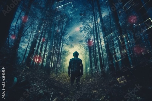 a person standing in the middle of a forest at night © AberrantRealities