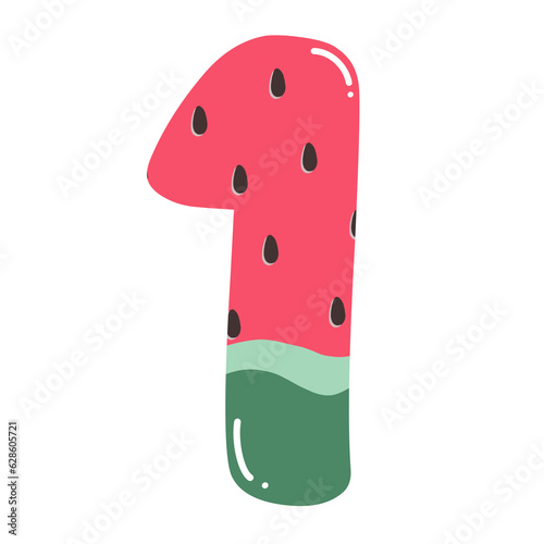 Watermelon summer bright font. Cartoon 3D decorative alphabet. Glossy letters and numbers isolated on white. For package, poster, banner, T-shirt, brochure design. Vector illustration