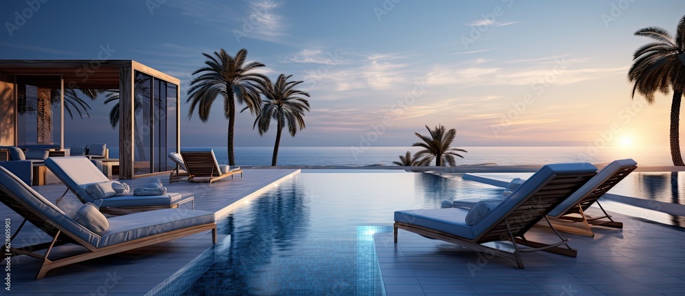 Fototapeta premium Pool with chairs on the beach in luxury resort.