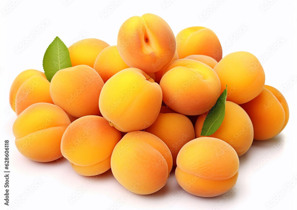 Fresh raw organic apricots with leaf on white background.Macro.AI Generative Fresh raw organic apricots with leaf on white background.Macro.AI Generative