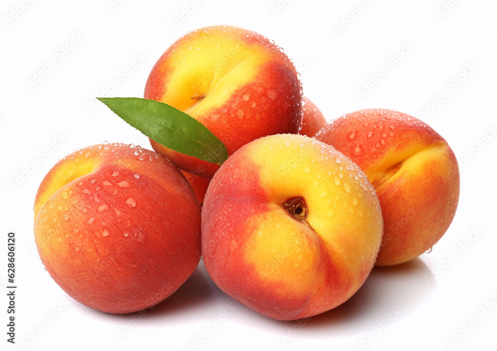 Ripe fresh peaches with leaf on white background.Macro.AI Generative Ripe fresh peaches with leaf on white background.Macro.AI Generative