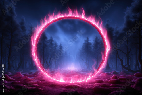 A pink neon ring or portal with flames in a nighttime forest landscape. Portal. Extraterrestrial