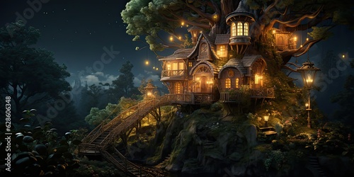 Tree house in the forest with lights on the pathway © Photo And Art Panda