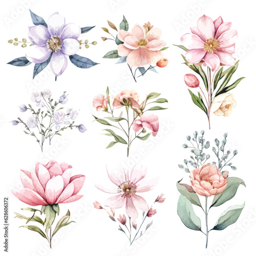 Fototapeta Naklejka Na Ścianę i Meble -  Whimsical Floral Watercolors: Fairy Arrangements on White Background