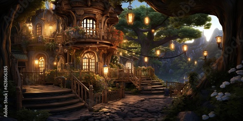 Tree house in the forest with lights on the pathway © Photo And Art Panda