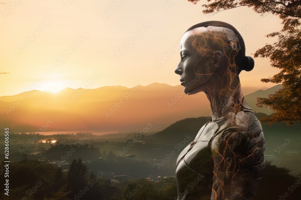 a robot standing in front of a mountain with a sunset in the background