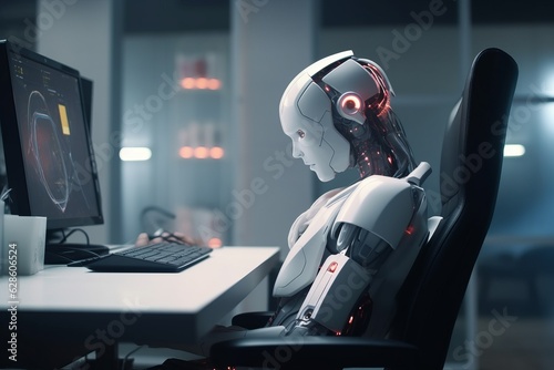 a robot sitting at a desk in front of a computer © AberrantRealities