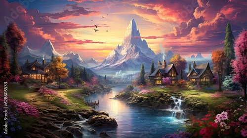 Vibrant colored illustration of a beautiful fantasy land with mountains and waterafll